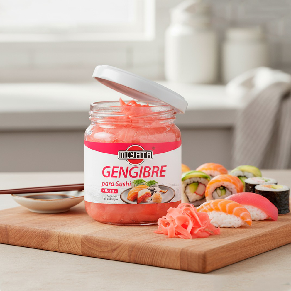 Gengibre em Conserva, Sushi Expert, Limpa Paladar, Miyata Gourmet, Acompanhamento Sushi, Gengibre Rosa Miyata Sushi Expert, peças de sushi
