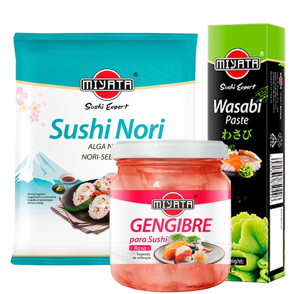 Sushi da marca Miyata,Alga Sushi Nori, embalagem azul, Gengibre Rosa para Sushi,  Pasta de Wasabi